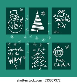 Winter`s holiday cards set. Season`s greeting handwritten calligraphy. Christmas tree, snowman, snowflakes and toy. Vector design.