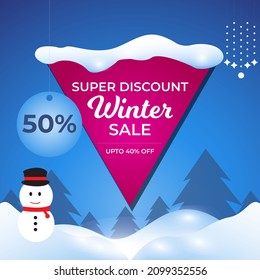 winters sale product banner of special discount offer with snowman and trees