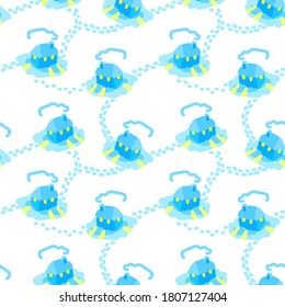 Winter's visiting. Seamless pattern of small houses with a lights in the windows and traces between them. Winter holidays, Christmas, New Year design