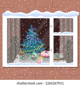 Winter's window. Festively laid the table, at the table two. Christmas romantic illustration.