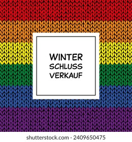 Winterschlussverkauf - text in German language - Winter Sale. Square Sales Banner with striped knitted background in rainbow colors.