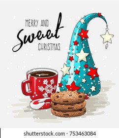 Wintertheme, Red Cup Of Coffee With Stack Of Cookies, Candy Cane And Abstract Christmas Tree, With Text Merry And Sweet Christmas  Vector Illustration, Eps 10 With Transparency