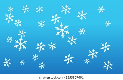 Winter-themed background with white snowflakes scattered on a blue gradient backdrop. Ideal for seasonal designs, holiday invitations, greeting cards, or festive decorations