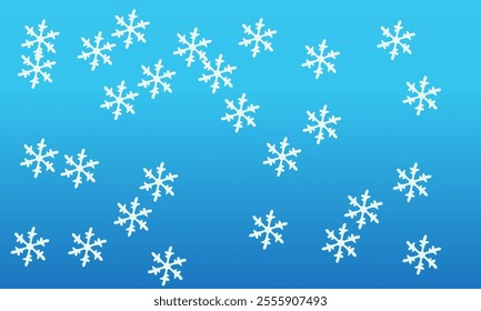 Winter-themed background with white snowflakes scattered on a blue gradient backdrop. Ideal for seasonal designs, holiday invitations, greeting cards, or festive decorations