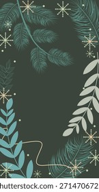 winter-themed botanical background wallpaper in soft blue and   leaves, pine branches, abstract foliage  and snowflakes.  Perfect for holiday cards, invitations, posters, social media templates, 