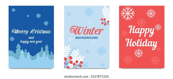 Winter-themed collection of Merry Christmas, Happy New Year, and Happy Holiday greeting card templates with snowflakes and festive elements