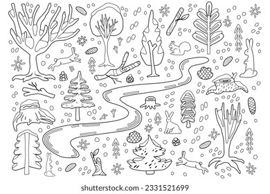 Winter-themed coloring page with featuring vector elements such as trees, snowflakes, rabbits, pinecones, branches, and stumps. Perfect for child coloring book, school and kindergarten