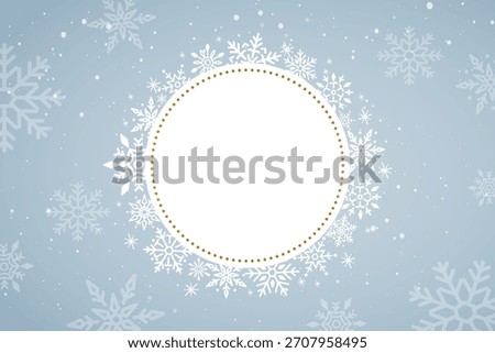 Winter-themed design with snowflakes. Snowflakes surround a circular frame. Snowflakes in various sizes create a festive, winter atmosphere. Ideal for holiday cards. Christmas frame vector.