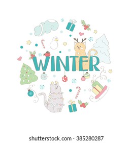 A winter-themed graphic medley. Isolated vector design elements on a white background. Hand drawn.  Doodle style.  Vector illustration.