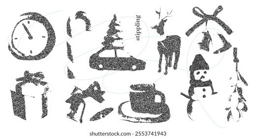 Winter-themed Holiday halftone Elements. Stippling Christmas Set. Isolated vector illustration.