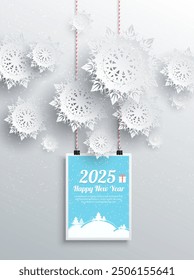 Winter-themed illustration featuring elegant white snowflakes with a Happy New Year 2025 sign on a light blue background. Suitable for winter decorations, holiday greetings, or seasonal projects.