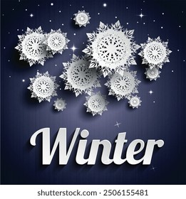 Winter-themed illustration featuring intricate white snowflakes set against a deep blue background. The elegant design is perfect for seasonal decorations, greeting cards, or winter promotions.