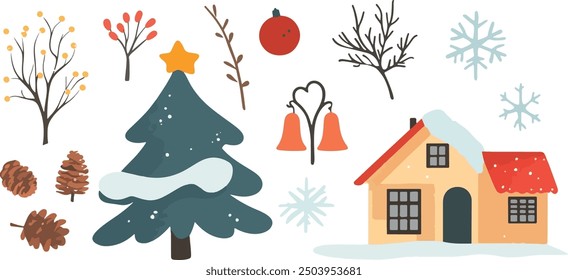 Una ilustración con temática invernal que presenta un árbol cubierto de nieve, una casa acogedora, conos de pino, copos de nieve y Elementos festivos como campanas y adornos. Tema de Navidades.