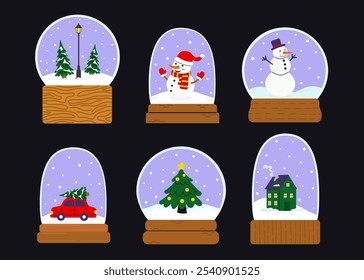 Winter-themed snow globes featuring festive characters in a cozy holiday atmosphere