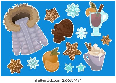 Winter-themed stickers with a fur-trimmed coat, knitted gloves and hat, snowflakes, gingerbread cookies, orange slices, mulled wine, and whipped cream hot drink. Flat design on a blue background. 