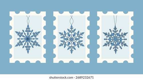 A winter-themed vector illustration featuring three unique blue snowflake designs displayed within the shape of decorative postage stamps, perfect for holiday greetings and crafting