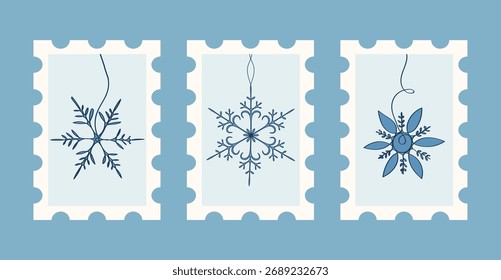 Uma ilustração vetorial com tema de inverno com três desenhos de flocos de neve azuis exclusivos exibidos na forma de selos postais decorativos, perfeito para saudações de férias e elaboração