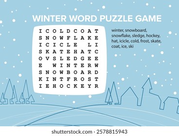 Winter-themed word puzzle game with words like snowboard and snowflake, set against a snowy background. The puzzle includes secret word and words such as snowboard, snowflake, and hockey.