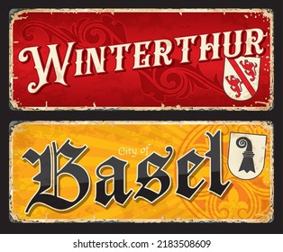 Winterthur, Basel, Swiss city plates and travel stickers, vector luggage tags. Switzerland cities tin signs, baggage labels and travel plates with Swiss canton emblems and tourism landmark symbols