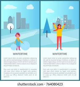 Wintertime activities in city set of two posters with kid making snowman and adult woman playing with snow. Vector illustration with happy people in city park