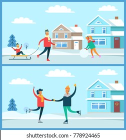 Wintertime activities on nature of people, skating couple, kid sitting on sled and woman with ball of snow, buildings and trees vector illustration
