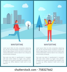 Wintertime activities in park poster with running man and happy smiling woman playing with snow. Vector illustration with people in winter urban park
