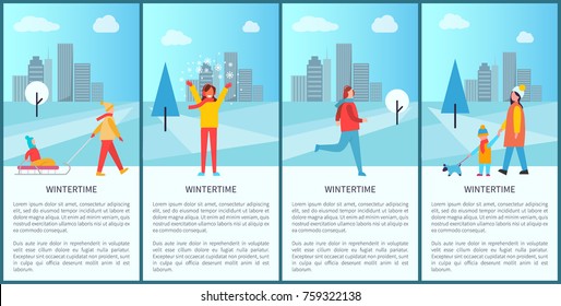 Wintertime activities poster with people having fun, walking and jogging in city park. Vector illustration with happy families on urban background