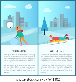 Wintertime activities, woman in earphones makes snowman, child riding downhill on sleigh vector poster on cityscape background with skyscrapers