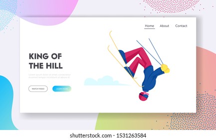Wintertime Activity and Extreme Outdoors Skiing Sport Website Landing Page. Character Making Freestyle Stunt Jumping with Skis. Sportsman Training Web Page Banner. Cartoon Flat Vector Illustration