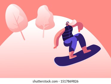 Wintertime Activity and Extreme Outdoors Snowboarding Sport. Young Woman in Warm Sportive Costume Making Stunt Jumping with Snowboard. Sportswoman Training or Relaxing. Flat Vector Illustration