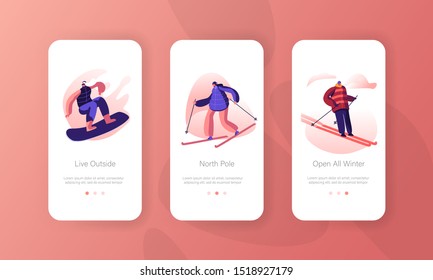 Wintertime Activity and Extreme Outdoors Snowboarding and Skiing Sport Mobile App Page Onboard Screen Set. People on Snowboard and Skis Concept for Website or Web Page. Flat Vector Illustration