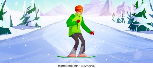 La actividad en invierno y el deporte de snowboard al aire libre extremo. Joven con cálido traje deportivo montando snowboard en las colinas. Formación de deportistas o relajación en estación de esquí, ilustración vectorial de dibujos animados