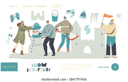 Wintertime Activity Landing Page Template. Young Characters Making Sculptures of Snow Castle and Snowman in Ice Town, People Building Palace for Winter Holidays Exhibit. Linear Vector Illustration