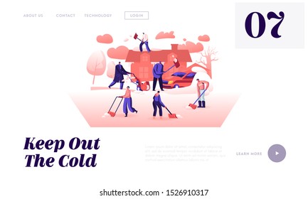 Wintertime Activity and Outdoors Work Website Landing Page. Company of Friends or Neighbours Working Together at Homeyard with Shovels and Snowblower Web Page Banner. Cartoon Flat Vector Illustration