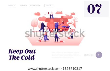 Wintertime Activity and Outdoors Work Website Landing Page. Company of Friends or Neighbours Working Together at Homeyard with Shovels and Snowblower Web Page Banner. Cartoon Flat Vector Illustration