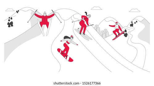 Wintertime Activity. Young People in Sportive Costumes Going Downhill by Skis and Skateboards at Winter Time Resort. Outdoors Leisure and Sports Sparetime. Cartoon Flat Vector Illustration, Line Art