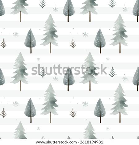 Wintertime backgrounds in pastel colors. Winter seamless pattern with snowy trees. Christmas pattern. Cute watercolor trees. 