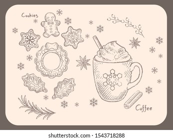 Wintertime and Christmas cookies and hot coffee. Vintage style vector illustration for menu, poster or other use.