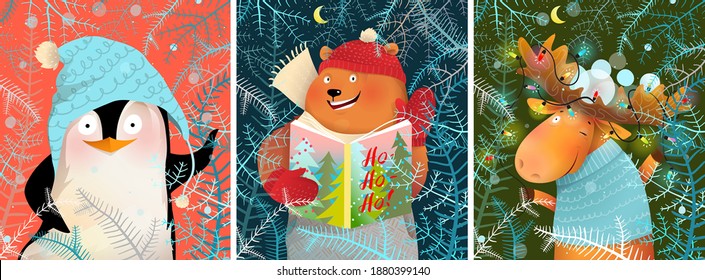 Wintertime Christmas Holiday greeting cards collection with animals in warm clothes. Penguin moose and bear greetings with Happy New Year colorful festive cartoon for kids. Vector characters design.