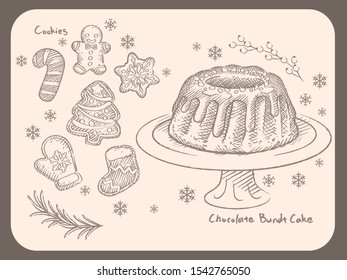 Wintertime and Christmas pastries, cookies, bundt cake. Vintage style vector illustration for menu, poster or other use.