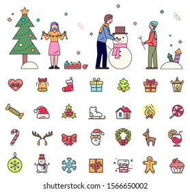 Wintertime and christmas preparation vector, isolated set of icons in flat style. Dad and son sculpting snowman. Woman decorating pine tree with garlands. Presents and santa claus, wreath and sweets