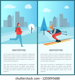 Wintertime city and people, set of posters, with given text, skier and ice-skating person, buildings on cityscape backdrop, clouds vector illustration