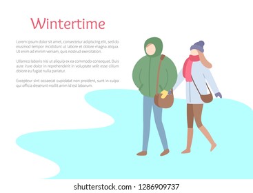 Wintertime cold season, couple walking on ice vector. People carrying handbags and sacks, wearing warming clothes. Winter seasonal frosty weather