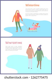 Wintertime couple walking outdoors during winter season vector. Mother with child sitting on sledges holding shovel for kids. Seasonal activities