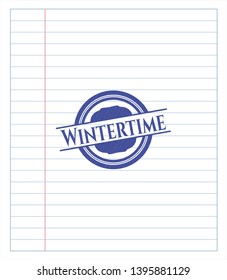 Wintertime emblem draw with pen effect. Blue ink. Vector Illustration. Detailed.
