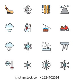 Wintertime filled outline icons set, line vector symbol collection, Winter linear colorful pictogram pack. Signs, logo illustration, Set includes icons as hockey stick, ski, snowy mountain peak, snow