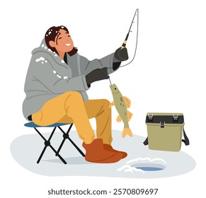 Wintertime fishery leisure activity vector illustration. Happy woman fishery cartoon character feeling fun holding fish trophy on rod tackle with during successful fishing time on winter holidays