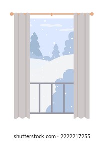 Wintertime forest view semi flat color vector object. Editable element. Full sized item on white. Window and curtain simple cartoon style illustration for web graphic design and animation