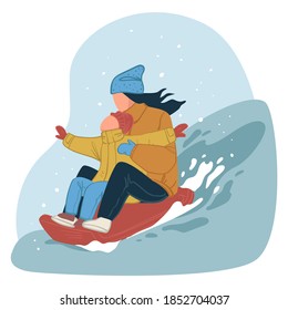 Wintertime fun and activities for family. Mother and son going downhill using sledge to slope. Happy people enjoying winter holidays or weekends together. Cheerful characters. Vector in flat style