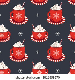 Wintertime holidays cocoa cup seamless vector pattern. Winter hot drink sweet chocolate cartoon background. Christmas print web banner design element. Holiday season retro color vintage illustration